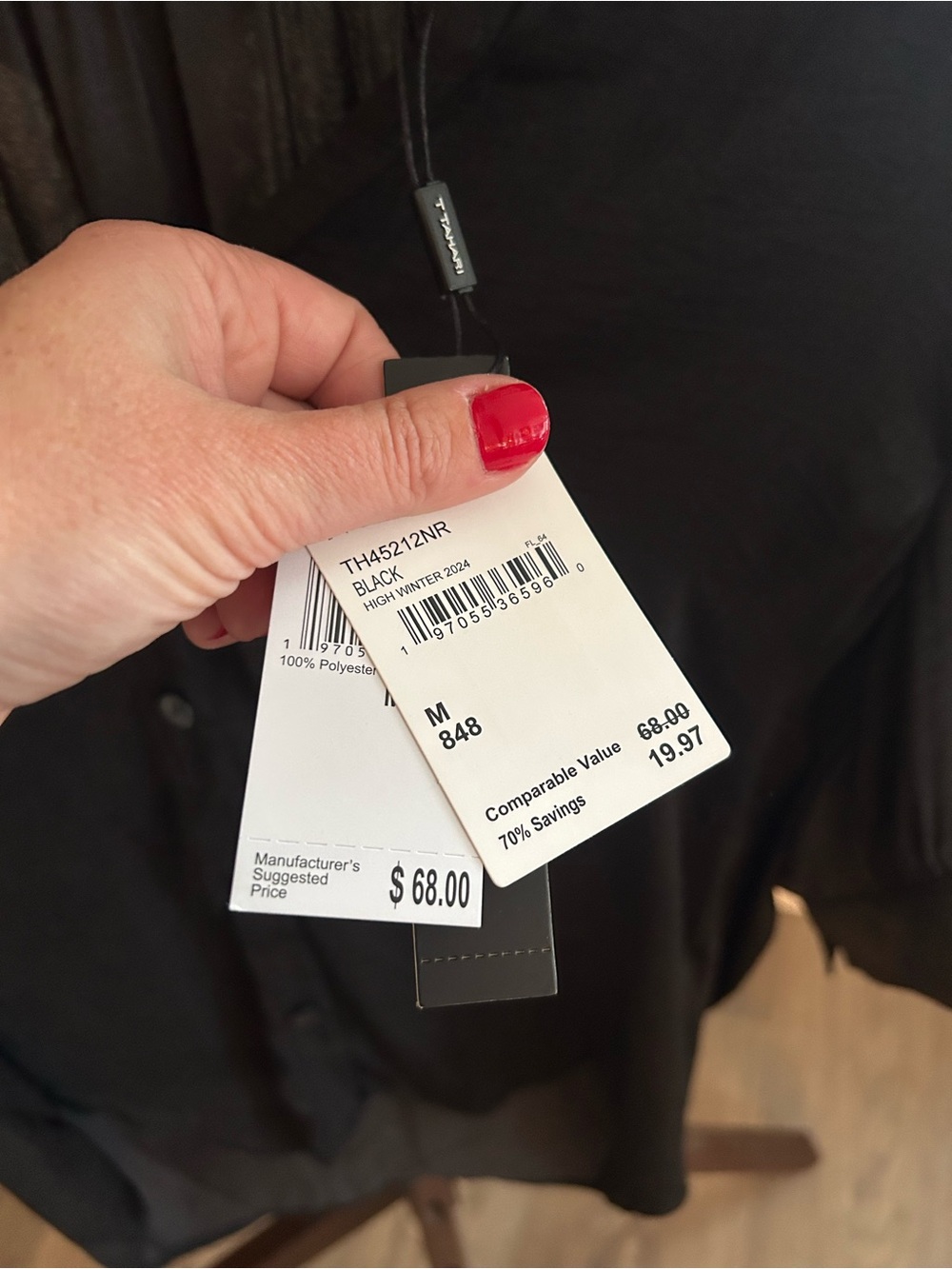 Tahari Black V-Neck Button-Front Puff Sleeve Blouse - Picture 3 of 4